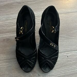 LOUIS VUITTON Shoes Women 37 Black Suede Peep Toe Criss Cross Artist Wedge Heel